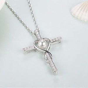 New Beautiful Sterling Silver Cultured Pearl CZ Cross Necklace